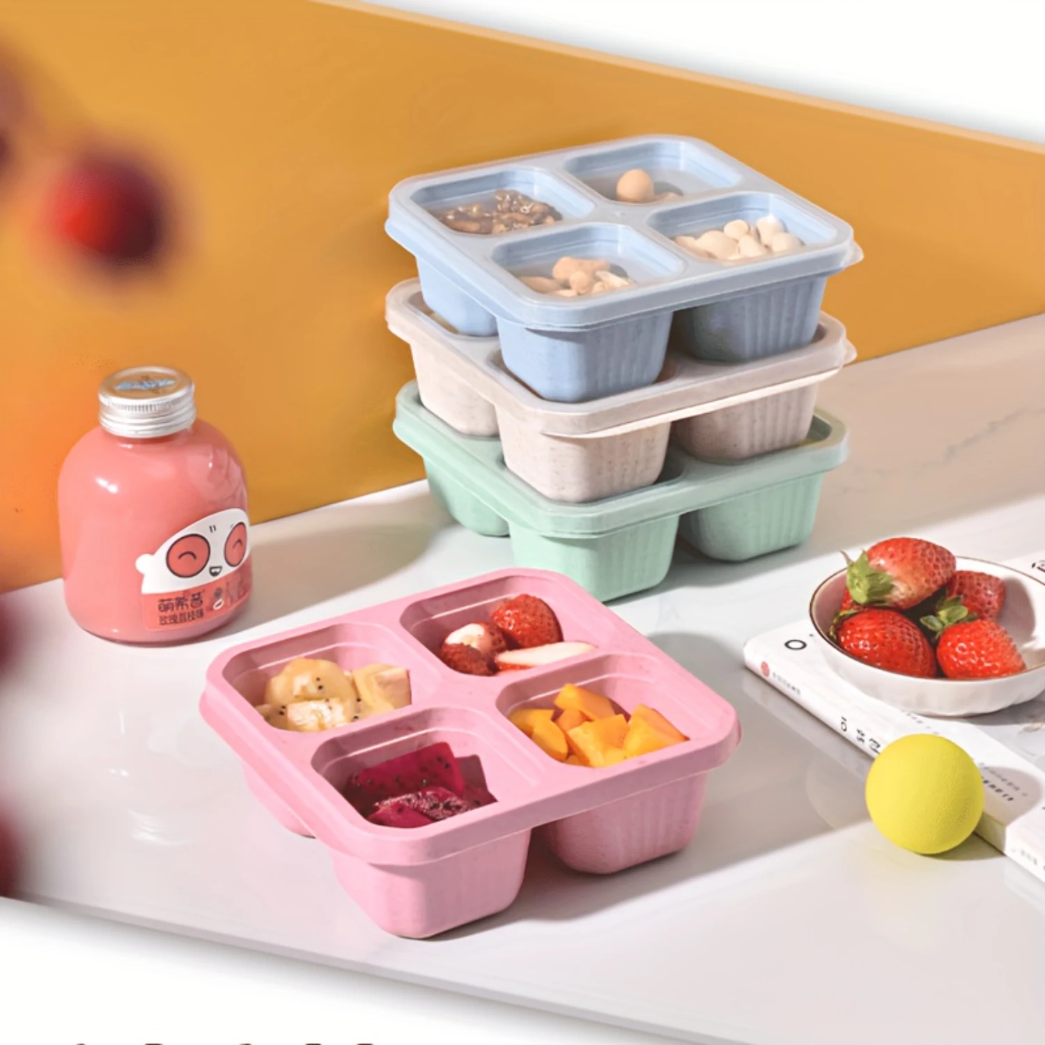 Eco-Friendly Wheat Straw Bento Box With 4 Compartments - Perfect For Snacks, Dried Fruits & More - Ideal For School, Camping & P