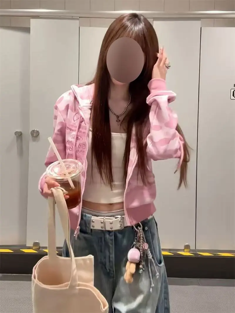 

Pink Camouflage Hoodie Women's Casual Loose Fit Short Coat Spring Autumn 2025 New American Retro Style