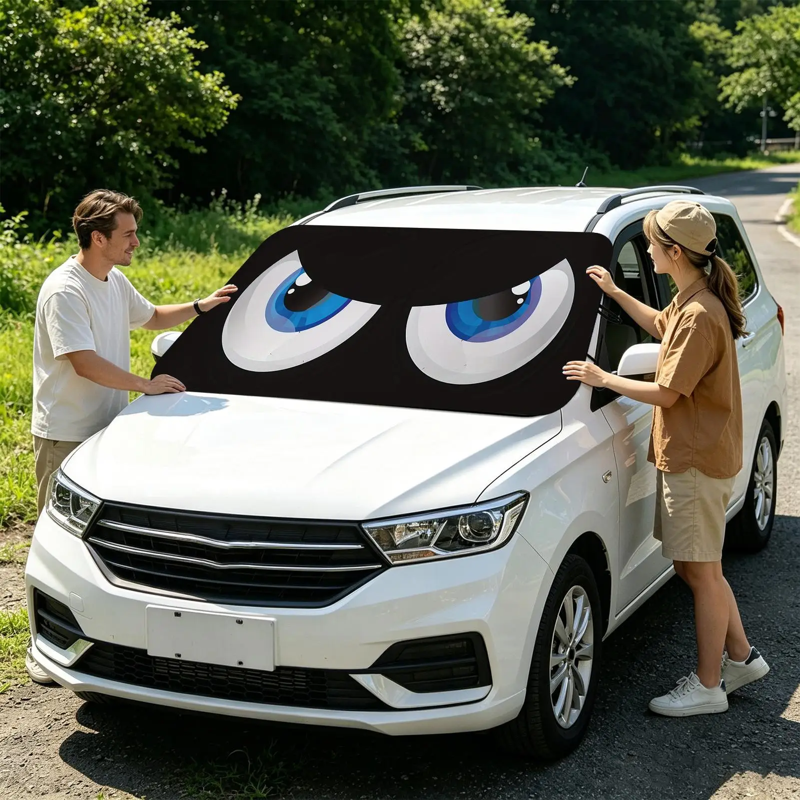 Sun Shade for Car Windshield Funny Big Eye Foldable Thickened Car Window Shades Sun Screen for Vehicle SUV RV Sedan Pickup Van