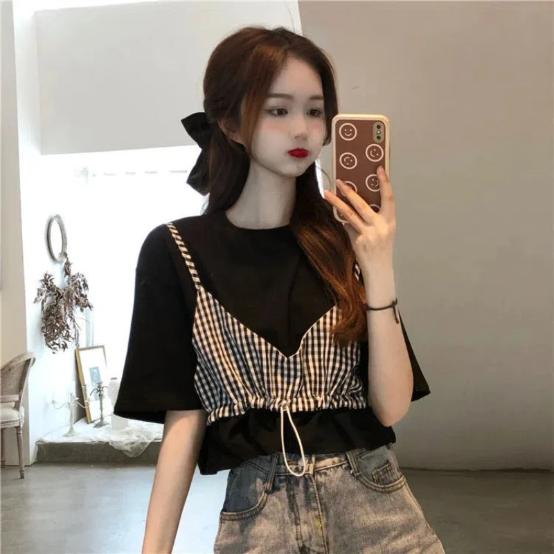 Patchwork Fake Two-piece Short Sleeve T-shirts for Women Summer New Black Loose Sweet Short Tops Tees Casual Fashion Clothing