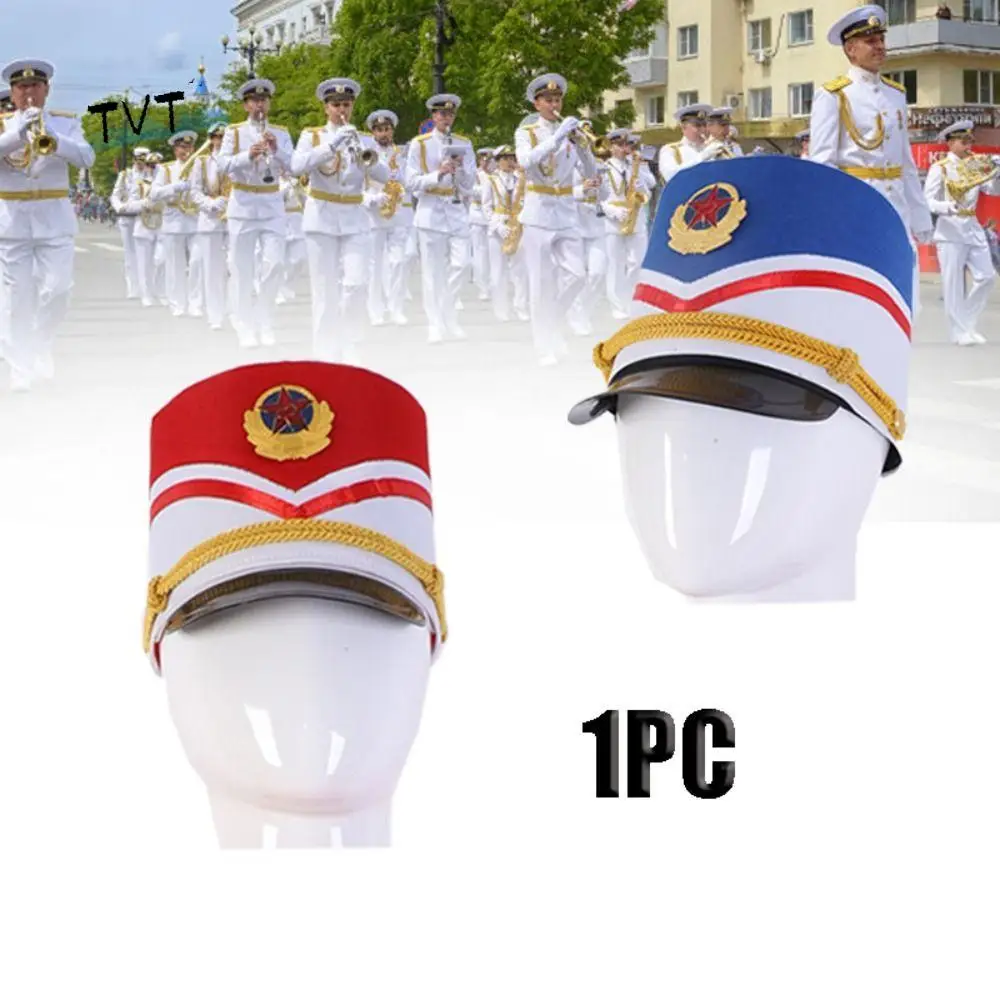 

Cosplay Show Marching Band Hat Skin-friendly Themed Party Drum Major Master Hats Photography Gold Trim Strips Soldier Top Cap