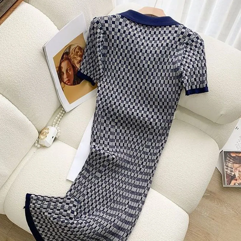 Fashion Elegant Plaid Short Sleeve Knitted Dress for Female 2023 Korean Casual Polo-Neck Slim Dresses Summer Women's Clothing