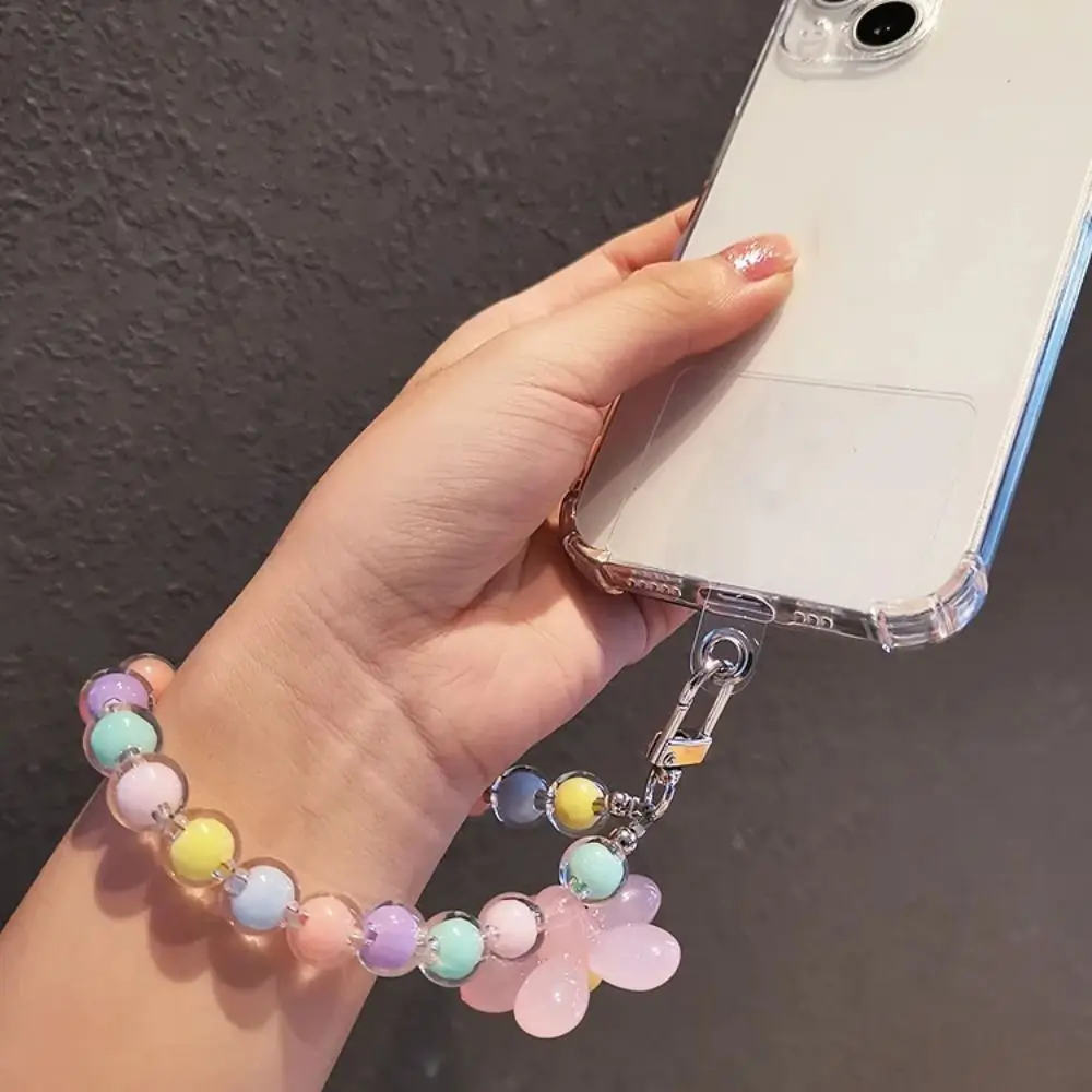 Macaron Color Cell Phone Charm Lanyard Flower Beaded Wrist Strap Mobile Phone Case Pendant Hand-held Anti-lost Car Keychain