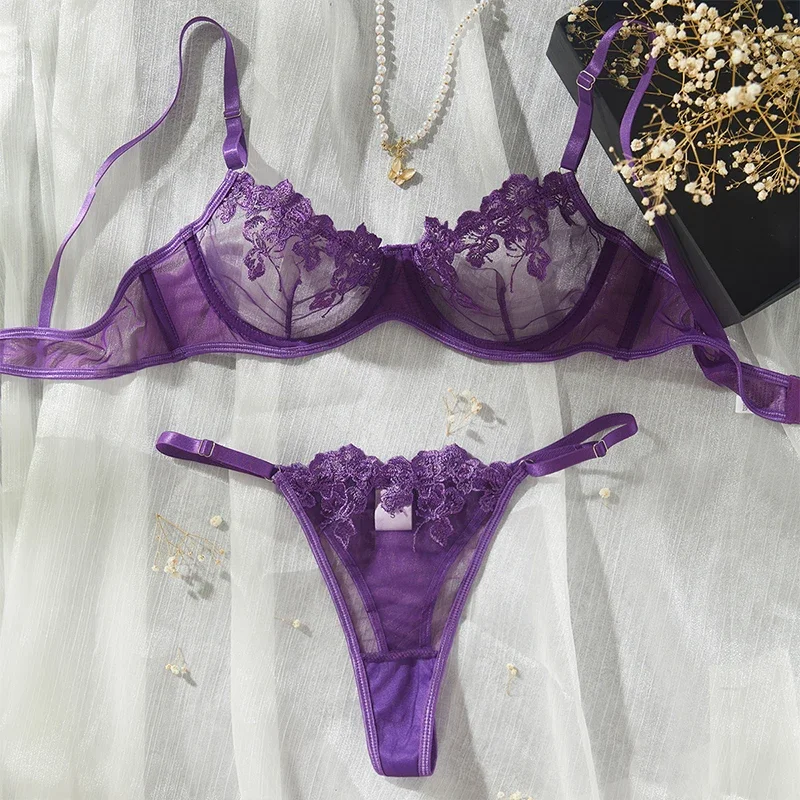 

Sexy Lingeries Purple Tulle See Through Lingerie French Intimate Female Underwear Romantic Sexy Set Steel Ring Bra and Panty Set