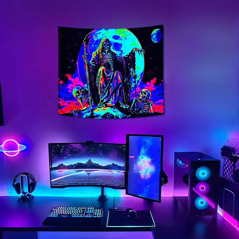 VIKAMA نيون الجمجمة نسيج المنجل السماء المرصعة بالنجوم التدرج غرفة الألعاب موضوع حفلة الفضاء الظلام نمط ديكور غرفة نوم