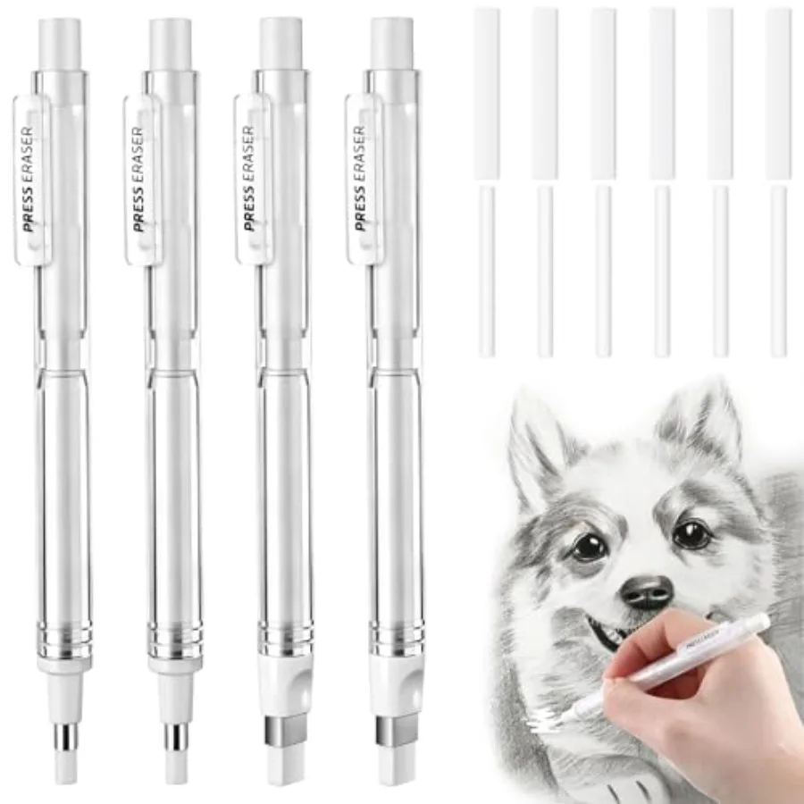 4 Pack Mechanical Eraser Pen, 2.3mm Round and 2.5mm Rectangular Tips, Mechanical Eraser Pencil with 12 Refills, Pen-Style Erase