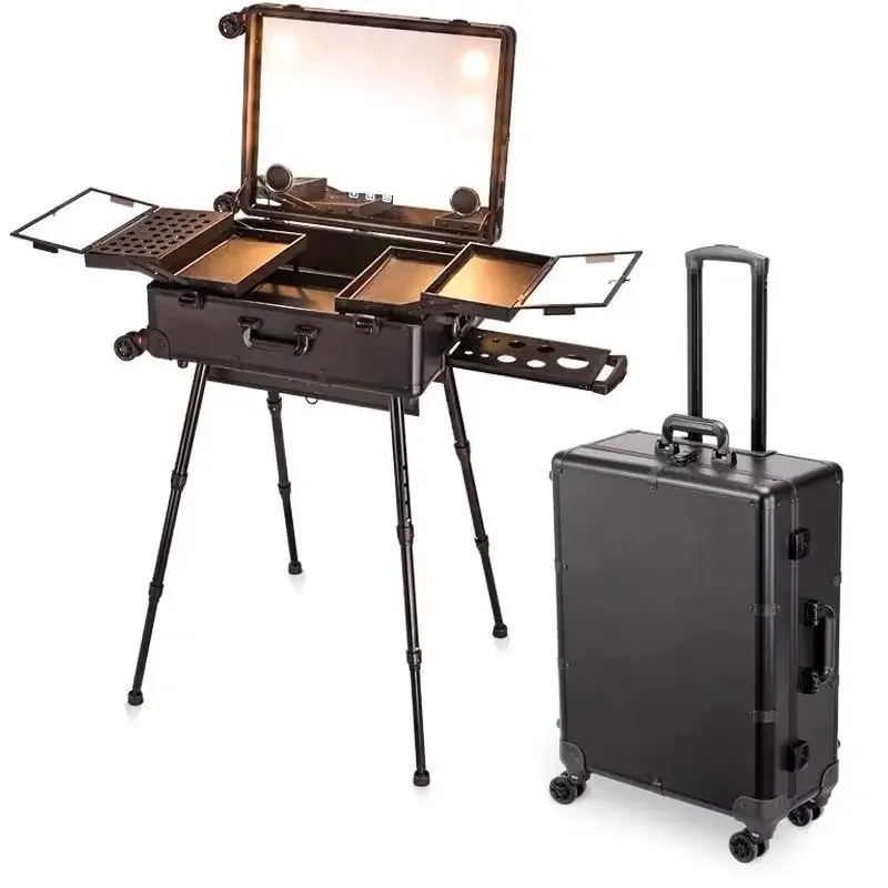 Travel folding cosmetic trolley case, professional makeup table with LED mirror,trolley cosmetic luggage,rolling luggage case