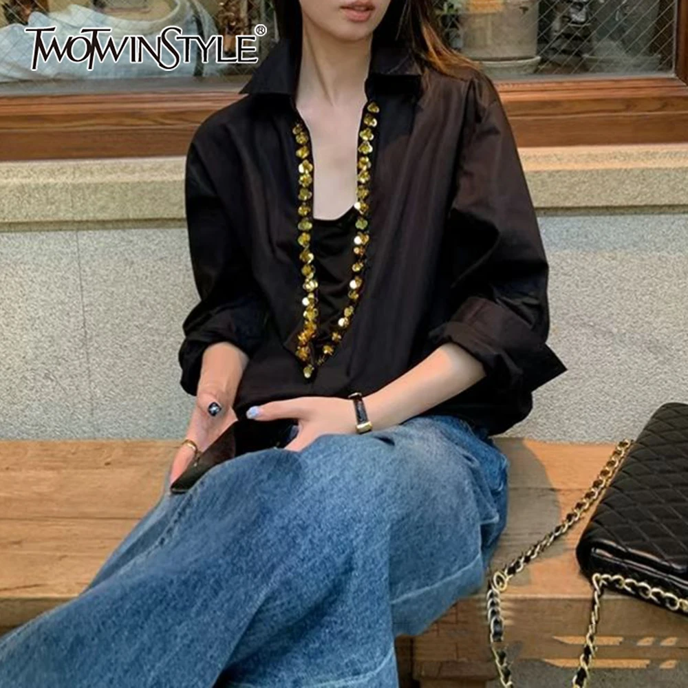 

TWOTWINSTYLE Black Spliced Button Shirt Female Lapel Long Sleeve Office Lady Women's Shirts Summer Fashion New Style Clothing