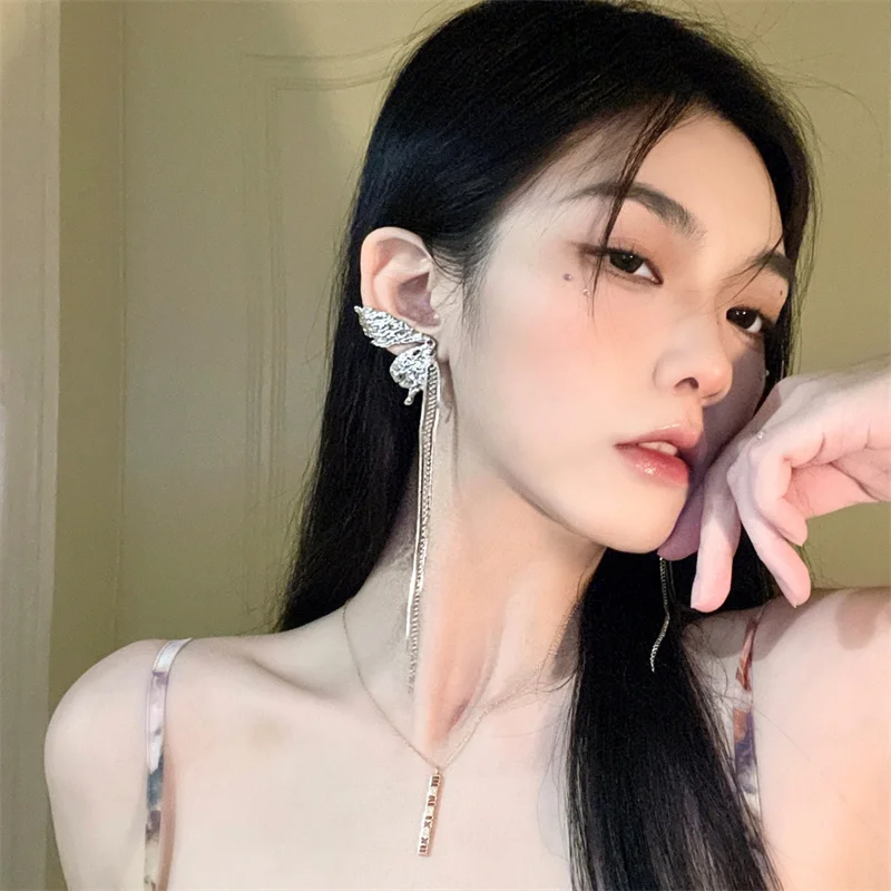 Silver Color Metal Butterfly Tassel Earrings Personality Women Fairy Animal Angel Wings Long Earring Valentine's Day Gift