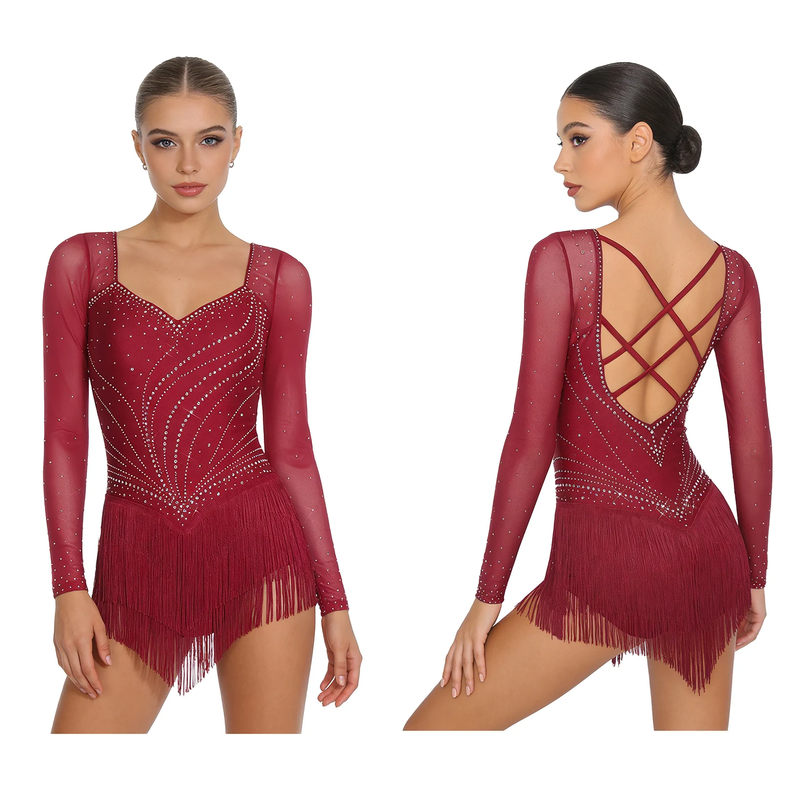 

Figure Skating Women Latin Dance Gymnastics Dress Costumes Performance Rhinestones Cha-cha Jazz Dance Tassels Leotards Bodysuits