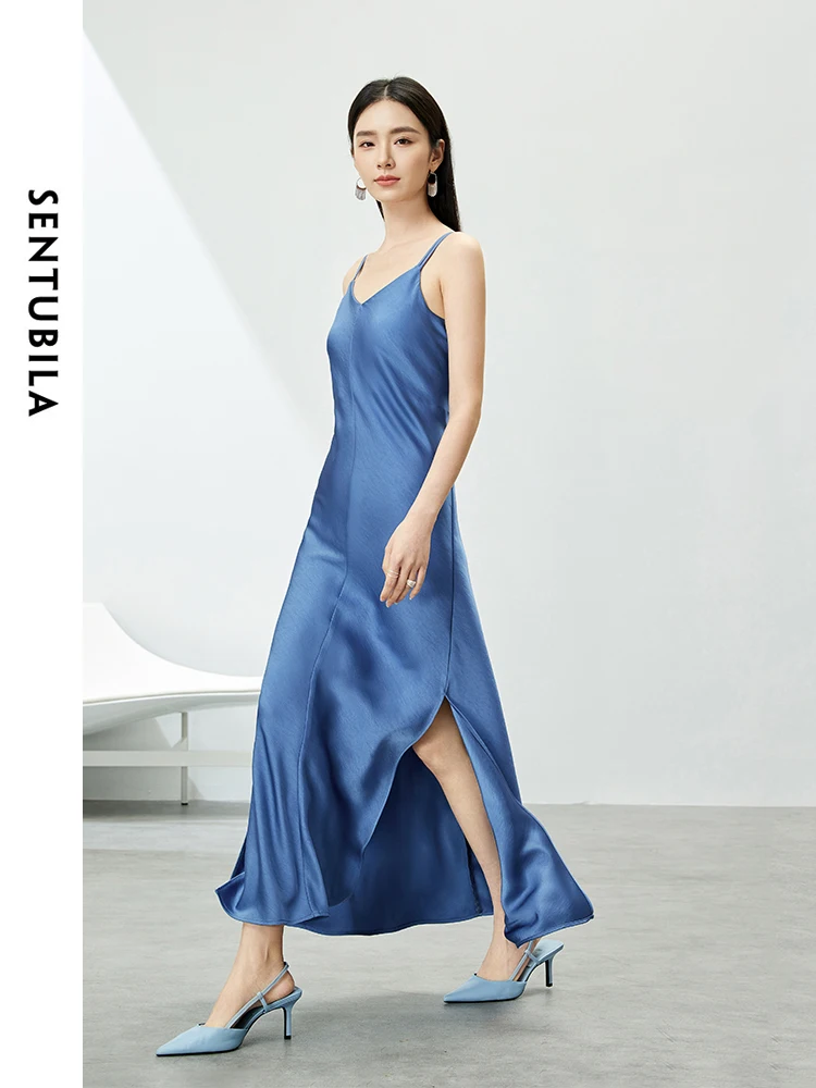 SENTUBILA Side Split Camisole Maxi Dress for Women 2024 Summer Fashion Sexy V Neck Sleeveless Long Dresses Party Club 141L53637