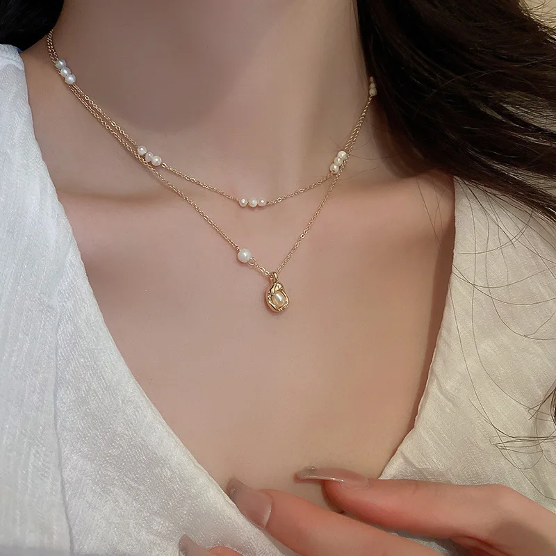 

Minar New Fashion Natural Freshwater Pearl Oval Bean Pendant Necklaces for Women 18K Gold Stainless Steel Double Layered Chokers