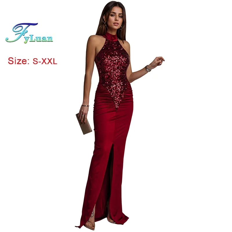 Abito da cena alla moda Abbigliamento donna Abito lungo senza maniche Abito lungo sexy slim tinta unita con decorazione di paillettes Abito da ballo da sera