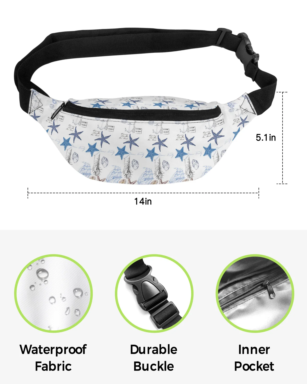 Marine Texture Seashells Starfish Seahorse Waist Bag Women Men Belt Bags Large Capacity Waist Pack Unisex Crossbody Chest Bag