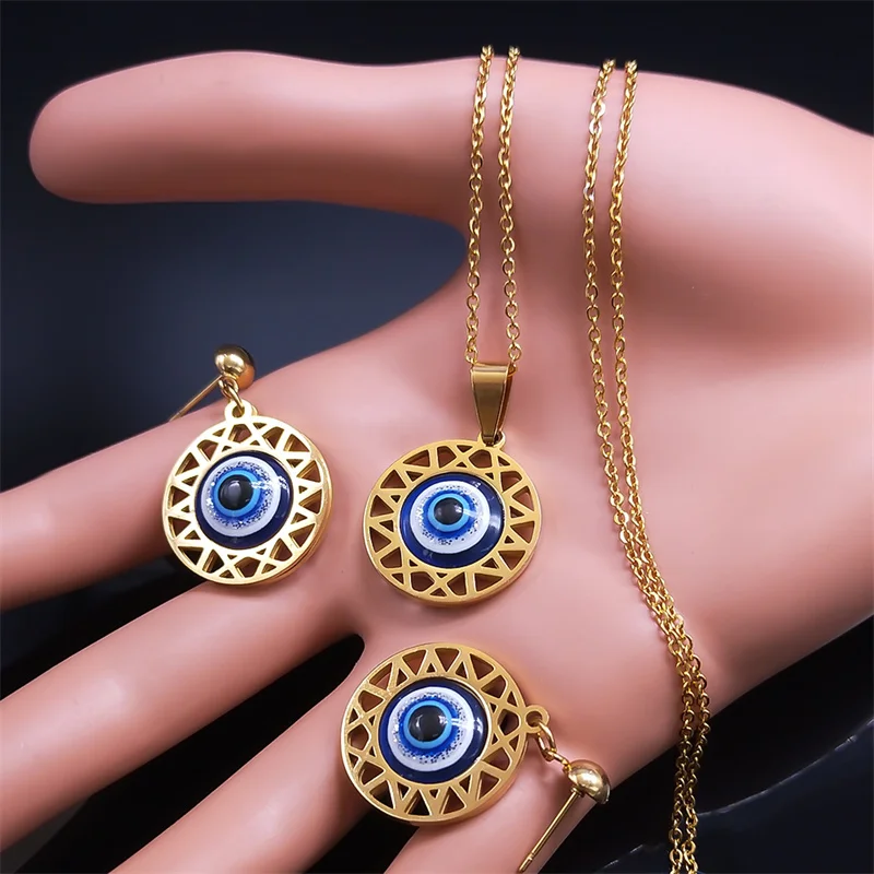 Turkey Blue Eye Chain Necklace Drop Earrings Set Stainless Steel Greek Eye Jewelry Set Christmas Gift Jewelr bijoux femme luxe