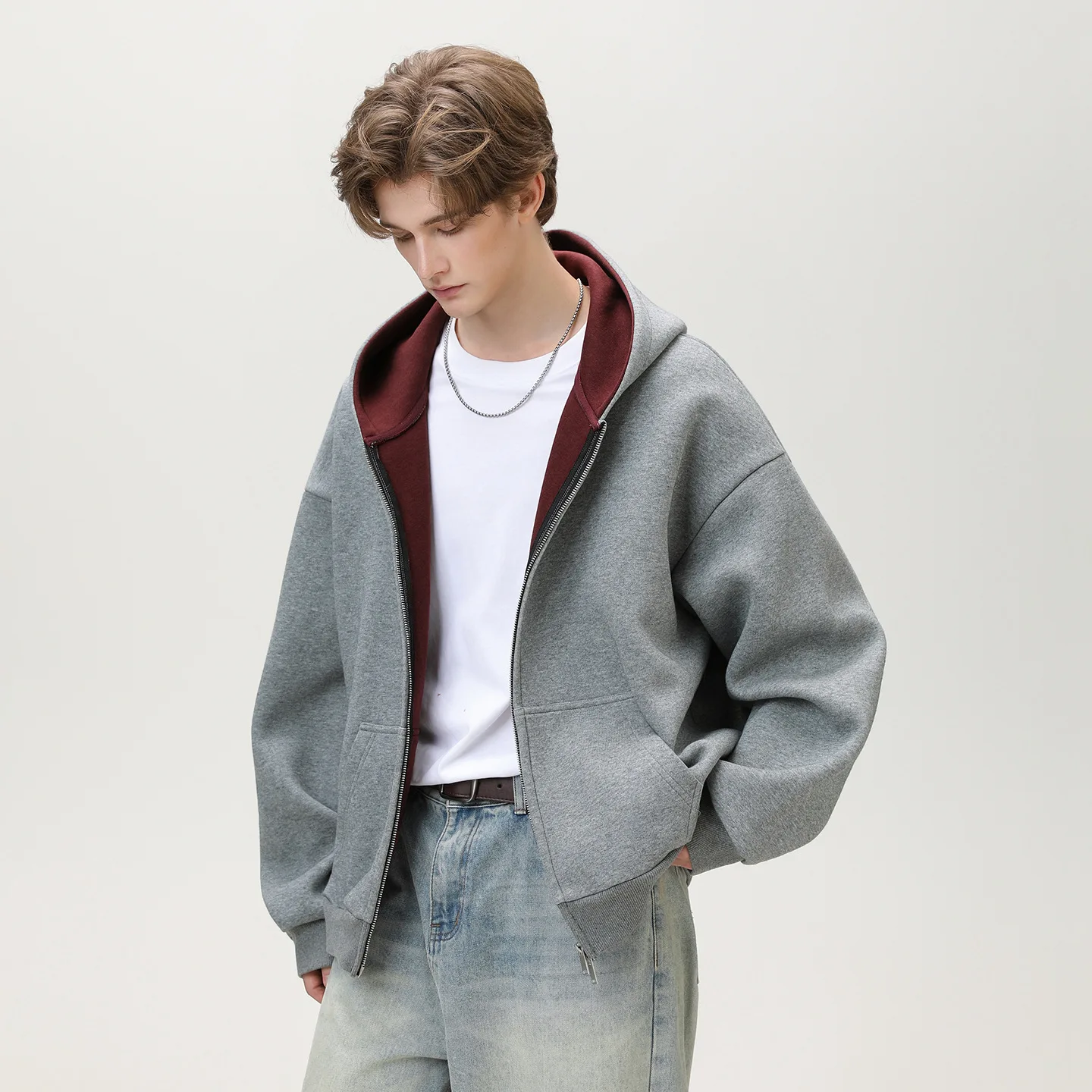 

Men's 380G Heavyweight Hoodie, Color Block Lined Zip Up Men Jacket, Oversized Trendy Casual Man Coats