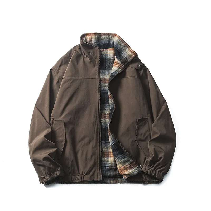 

AMEKAJI Retro Double-Sided Vintage Plaid Jacket Men's Fall Style From Regular Length Loose Jacket Outerwear Trendy Winter Coat