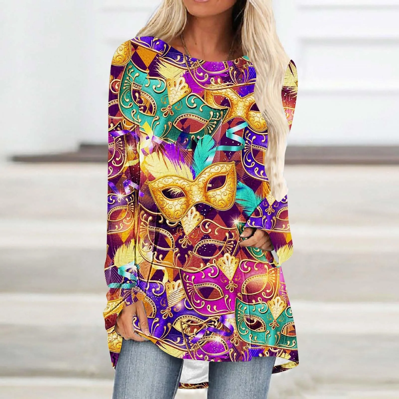 Carnival Colorful Mask Feathers Print Women T Shirt Mardi Gras Oversize Loose Long Sleeve Round Neck Tops 3D Print Hawaiian Tees