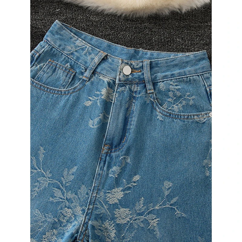 Floral Print Straight Leg Jeans Women 2026 Summer Thin High Waist Slim-looking Pants Fabric Drape Fashion Wide Leg Trousers