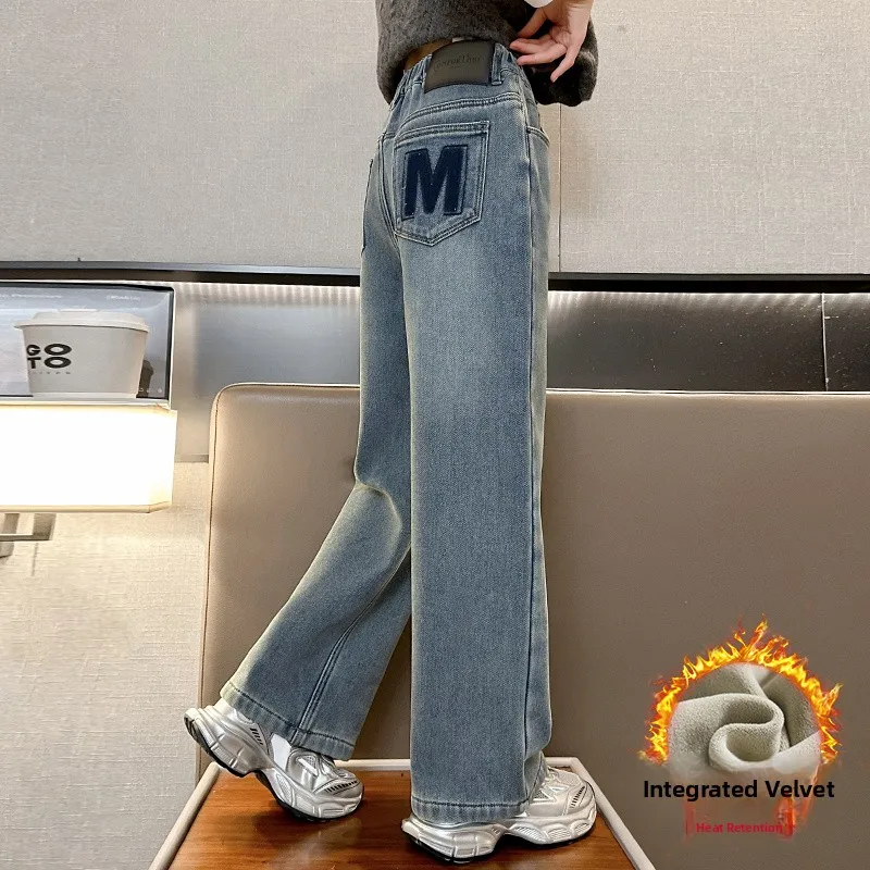 Thiened Fce 裏地付きデニムパンツ 女の子用 秋冬 Sle クラシック ファッション ロング ワイドレッグ ジーンズ 中学生用...