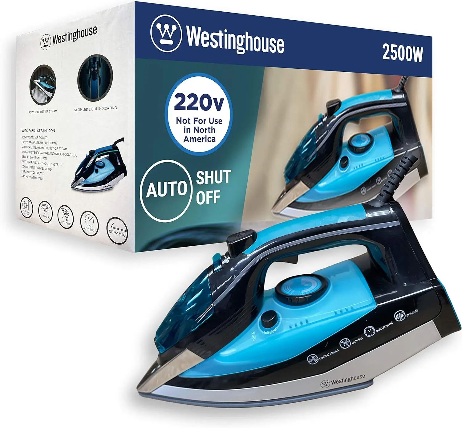 

Westinghouse 220v Iron 2500 watts with Steam & Auto Shut Off 220 – 240 Volts 50/60 hz Bundle with Dynastar Plug Adapter (NOT for