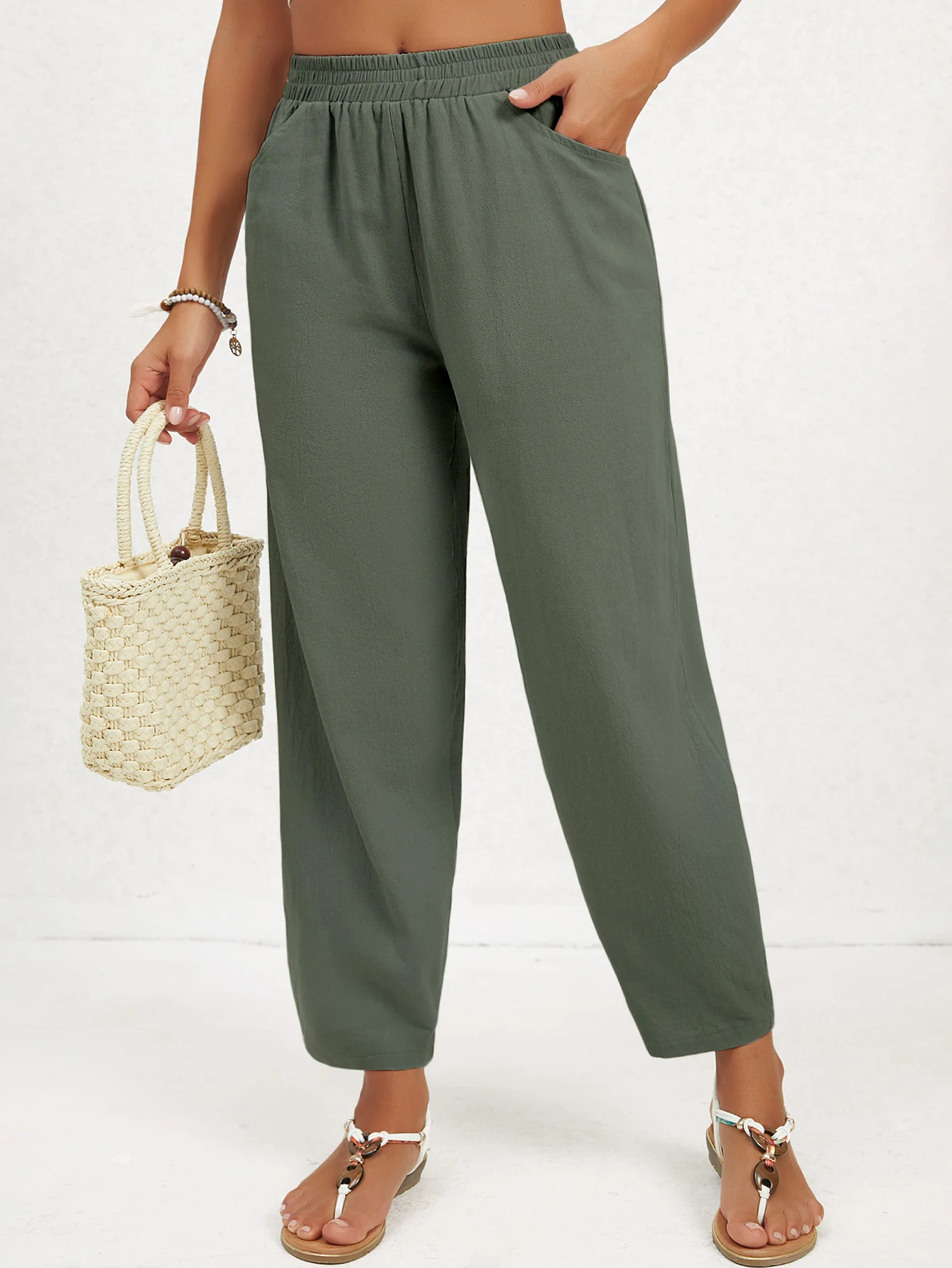 2026 Summer Women Solid Cropped Pants Elastic Waist Casual Beach Vacation Loose Harem Trousers