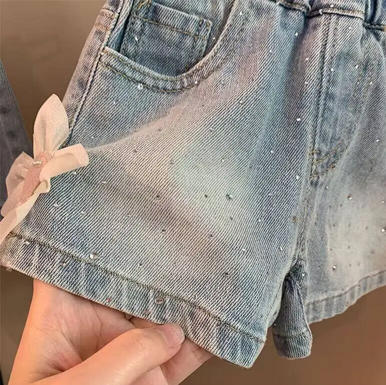 Girl Short Jean Girls Summer Jeans Children New Sparkly Diamond Pants Girls Treasure All Match Casual Flower Shorts Pant