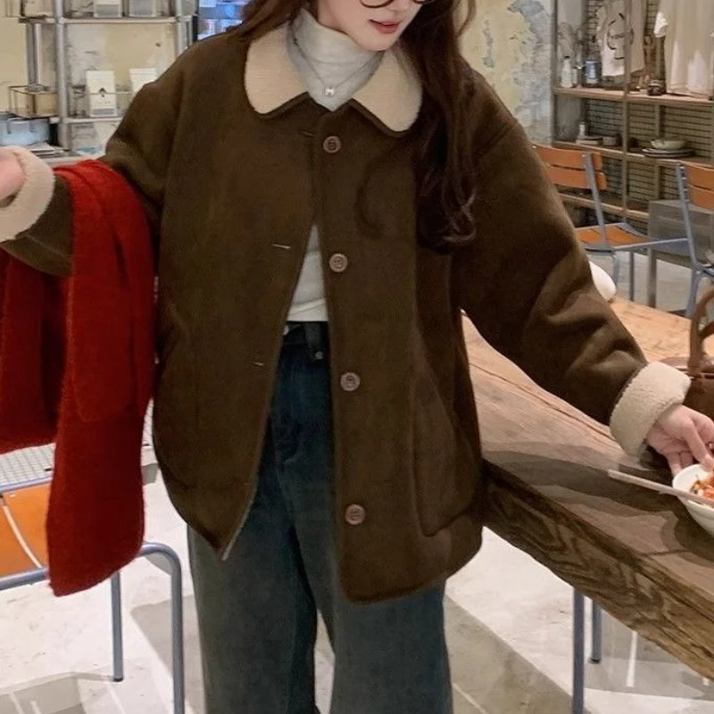 

New Cotton-padded Jacket Lapel Suede Coat Women's Winter Vintage Commuter Warm Coat