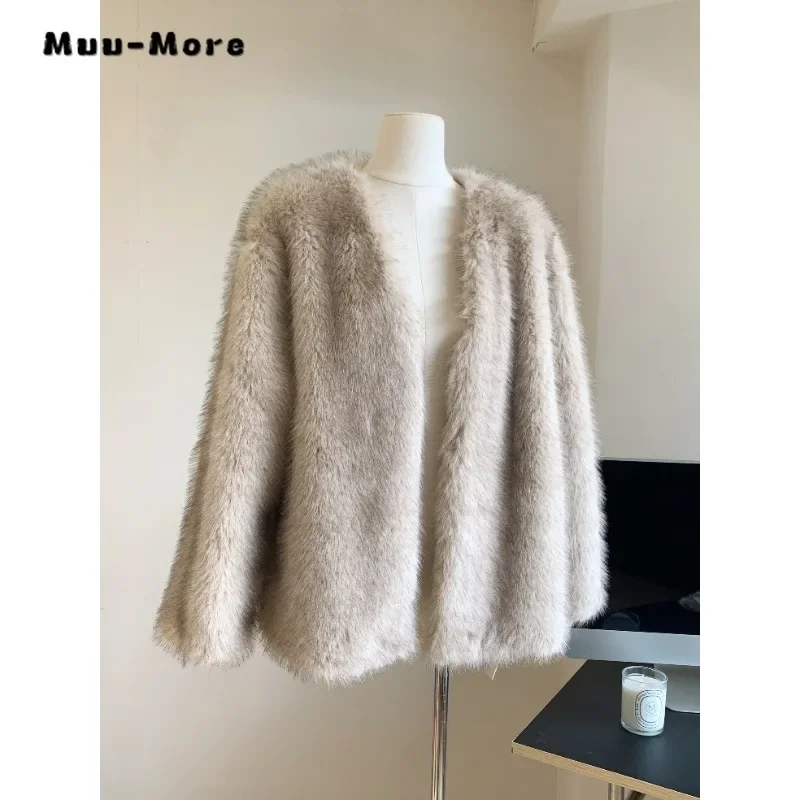 

Women Casual Luxury Long Sleeve Loose Fit V-neck Fur Top 2023 Winter Oversized Outerwear Jacket Thick Warm Club Solid Faux Coat