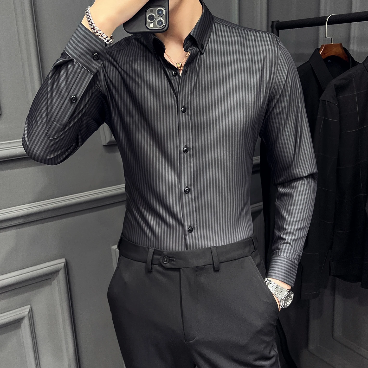 Handsome Striped Men\'s Shirt Long Sleeve Slim Fit Casual Business Dress Shirts High Quality Social Office Formal Shirt 2023