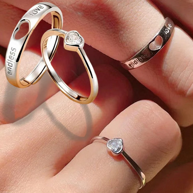 2Pcs Fashion Zircon Heart Matching Couple Rings Set Forever Endless Love Wedding Ring For Couple Charm Valentine's Day Jewelry