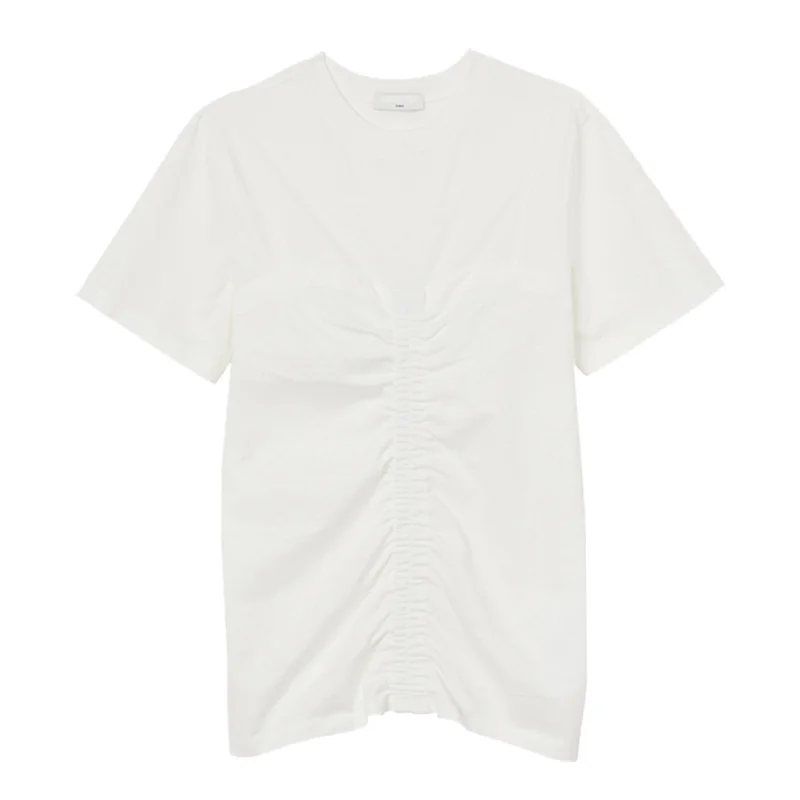 シンプルな無地プリーツカジュアル通気性コットンTシャツ レディースファッション 春夏新作 ラウンドネック シンプル