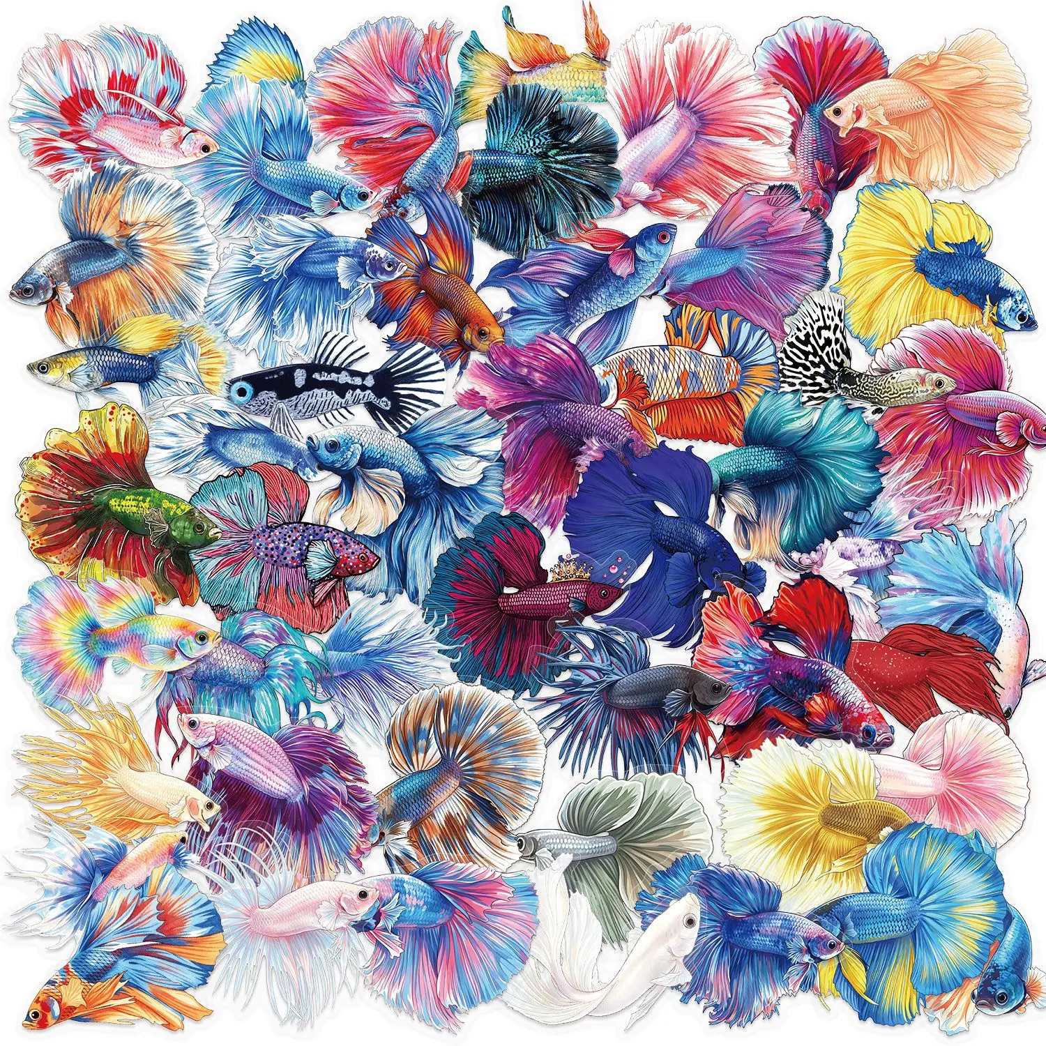 50 Stück Guppy-Fisch-Graffiti-Aufkleber, niedliche PET-Fisch-Cartoon-Sticker, Dekoration für Gepäck, Telefon, Gitarre, Scrapbook, klassisches Kinderspielzeug