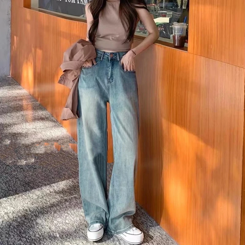 

Retro Washed High Waist Wide Leg Straight Cut Jeans Faded Craftsmanship Loose Fit Denim Pants for Women Spring Season