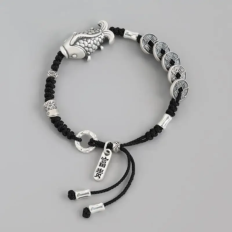 

Good Luck Koi Qing Dynasty Five Emperors' Coins Bracelet Rich and Safe Copper Coin Carrying Strap Girl Couple Silver Bracelet