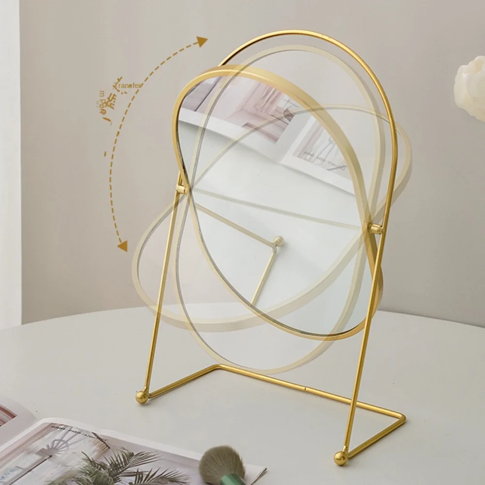 Espelho de maquiagem nórdico Beauty Iron Art 360 °   Espelho de vaidade oval giratório decoração moldura de ferro espelho cosmético de mesa feminino