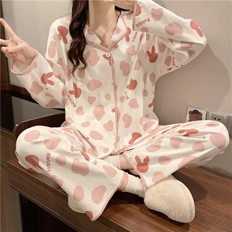 

2PCS/Set Women Fall and Winter Thin Long-Sleeved Pajamas 2025 Cute Cartoon Bear Cardigan Loose Button Homewear Ladies Sleepwear