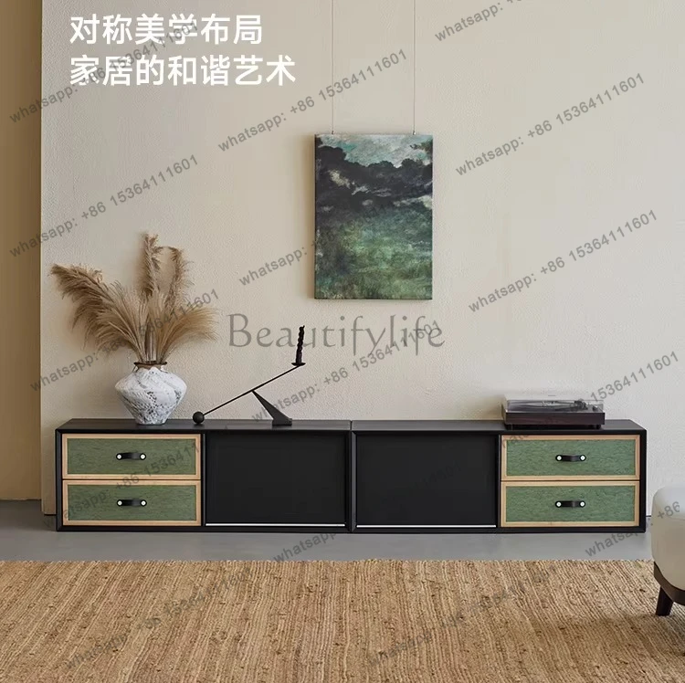 Solid wood TV cabinet living room household floor-to-ceiling second-hand storage integrated black ash wood floor cabinet