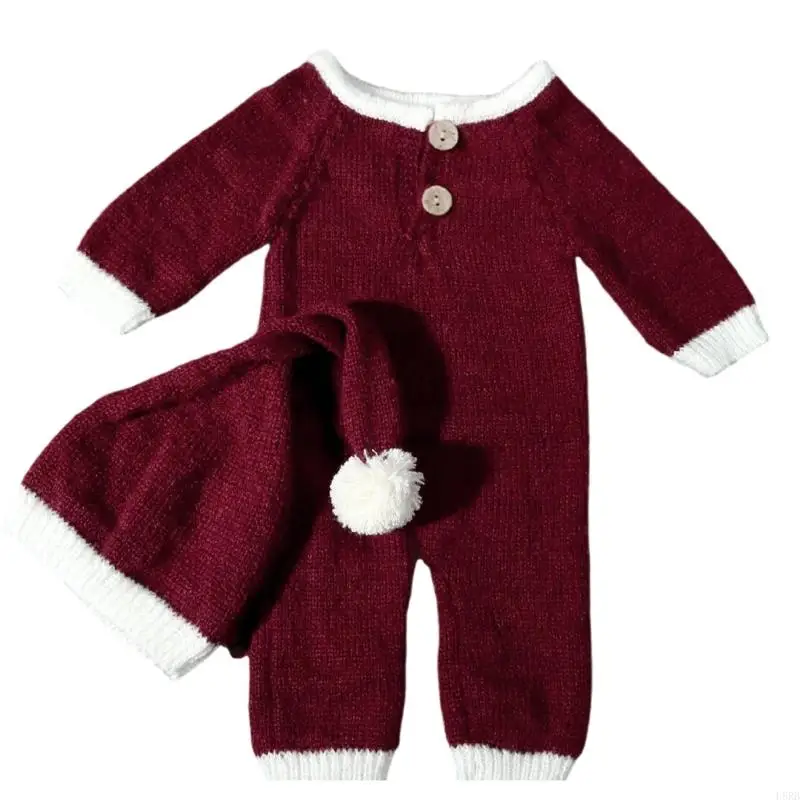 

L8RB Christmas Theme Outfit and Hat Baby Photoshooting Bodysuit Newborn Photo Costume