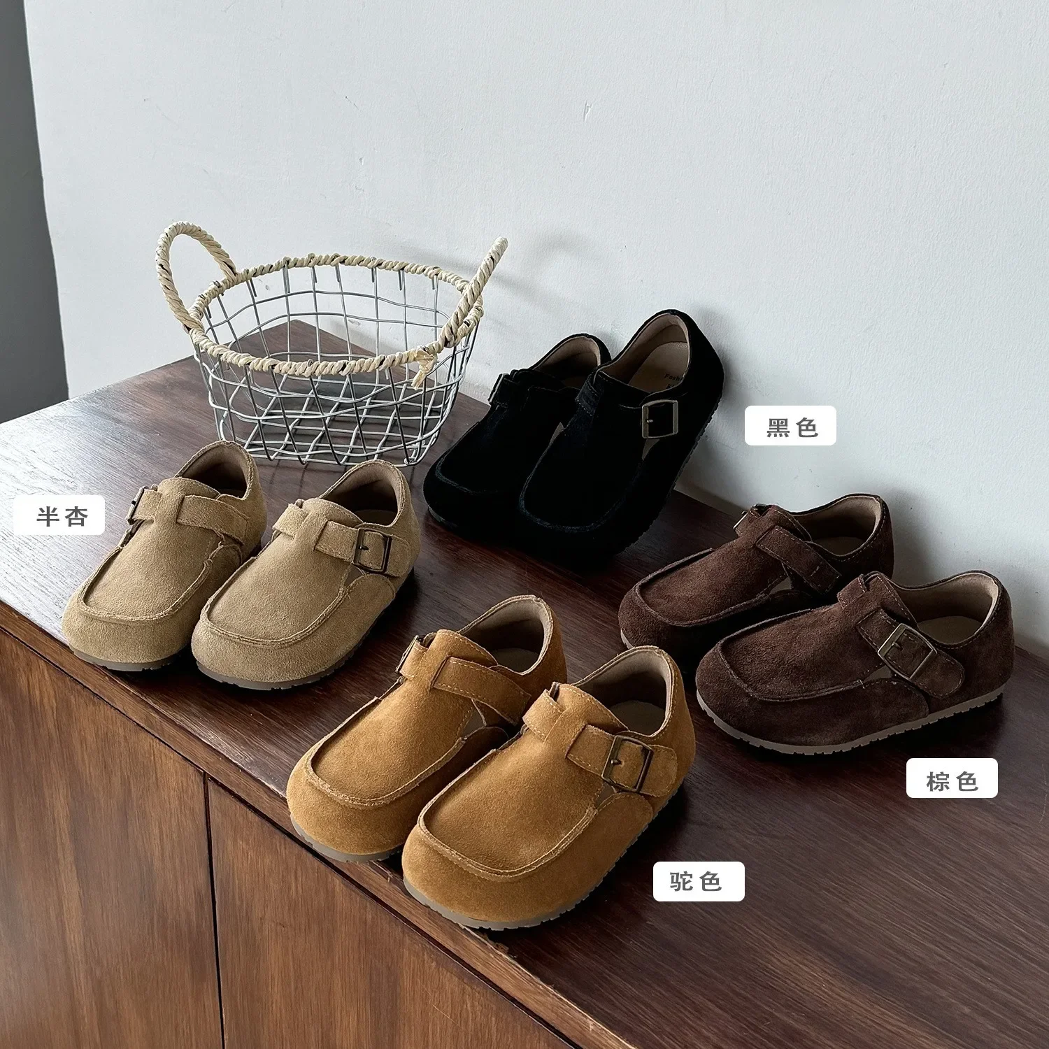 Zapatos planos para niños, zapatos informales con hebilla, punta redonda, estilo británico, versátiles, transpirables, zapatos de gamuza Unisex para niños