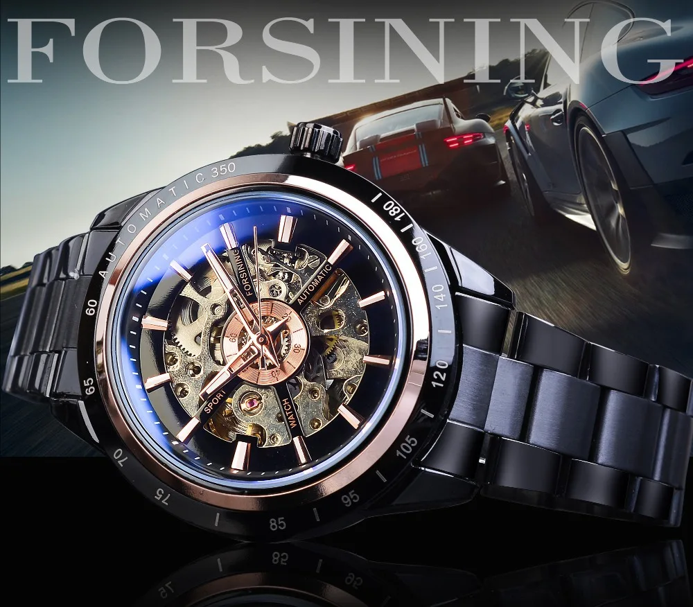 Fashion Forsining Top Brand Full Stainless Steel Men\'s Casual Waterproof Blue Glass Automatic Mechanical Business Wrist Watches