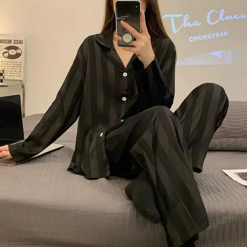 

XXL Size Autumn Winter Ice Silk Pajamas Women Long-Sleeved Solid Casual Loose Black Soft Buttons Cardigan Homewear Sleepwear