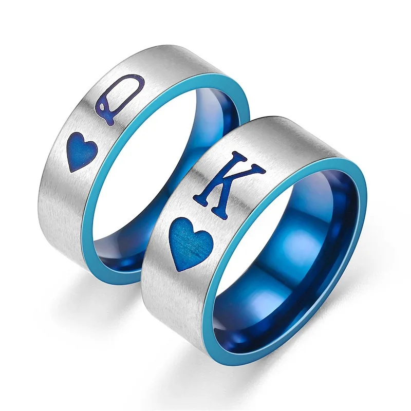 8MM Unique Q K Print Stainless Steel Rings For Women Men Matte Blue Color Couple Rings Engagement Wedding Band Jewelry Gift