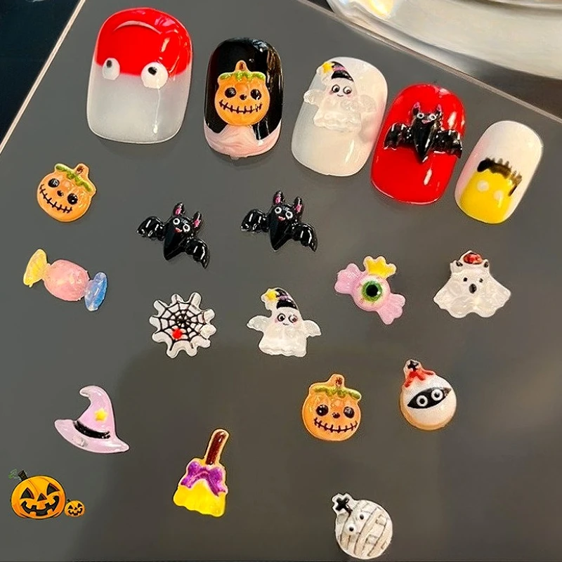 หัวกะโหลกค้างคาวใยแมงมุมไม้กวาดลูกอมฟักทองฮาโลวีนเครื่องประดับเชอร์รี่สตรอเบอร์รี่สตาร์คริสต์มาสเล็บอุปกรณ์ตกแต่งเครื่องมือ