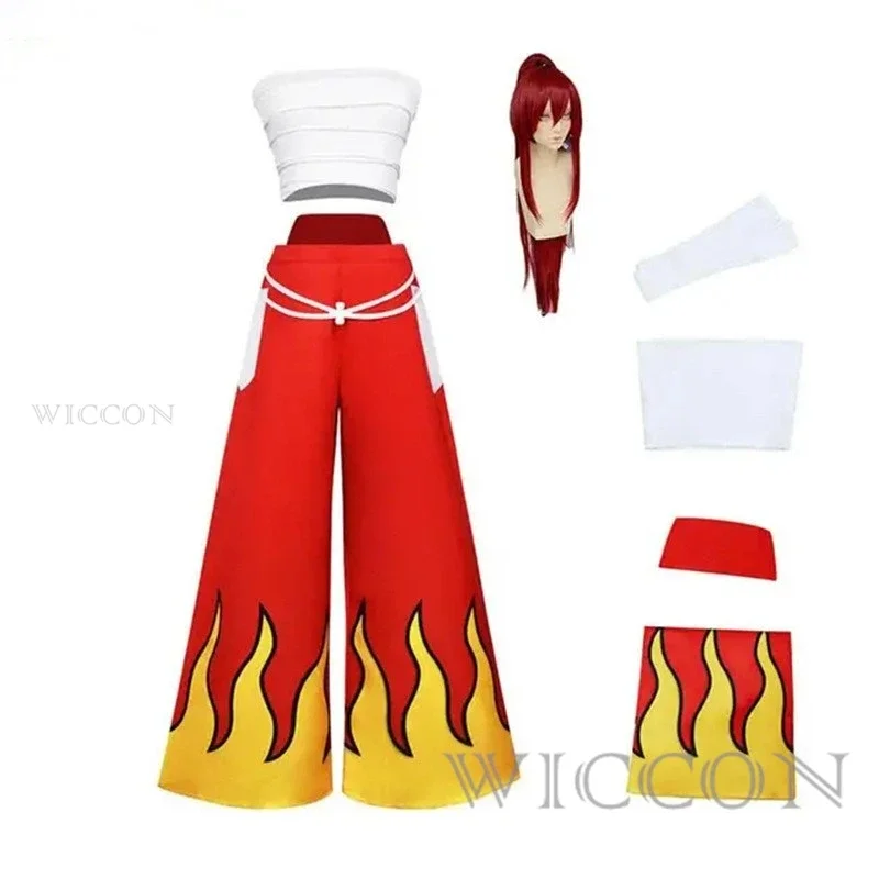 Erza fantasia cosplay escarlate para mulheres, calça de anime japonês, tops de tubo branco, vermelho, cauda azul escura, etiqueta do tatuagem, vermelho, conjunto legal
