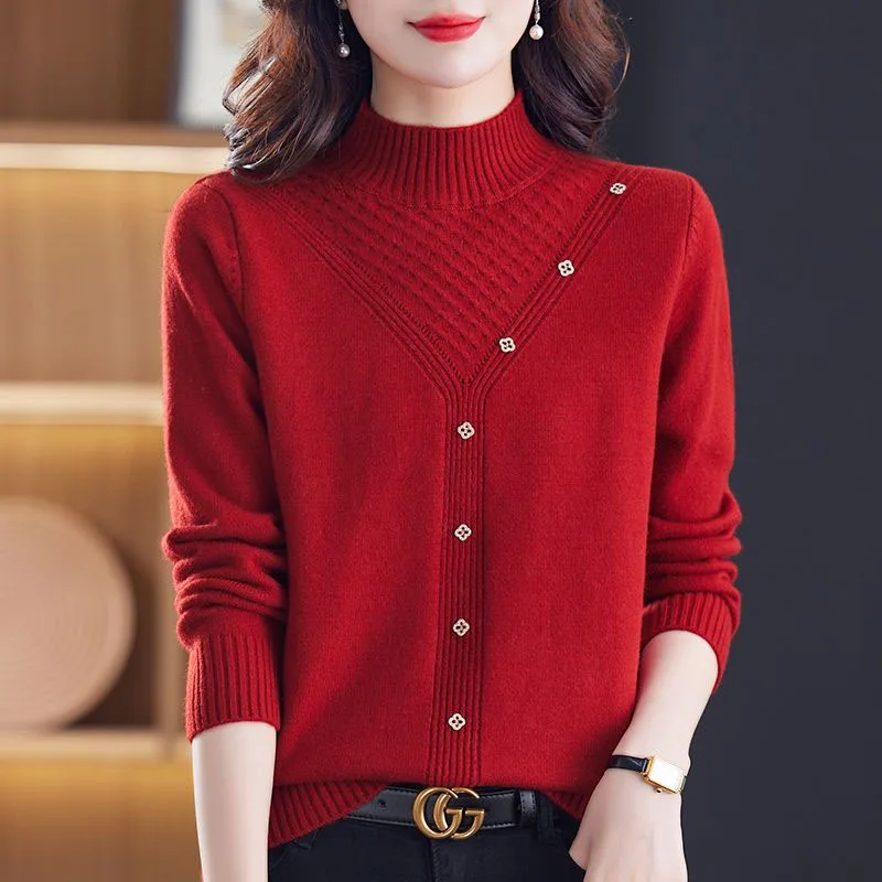 New Autumn and Winter Fashion Solid Color Retro Half High Neck Thickened Loose Versatile Western Style Slim Women\'s Sweater