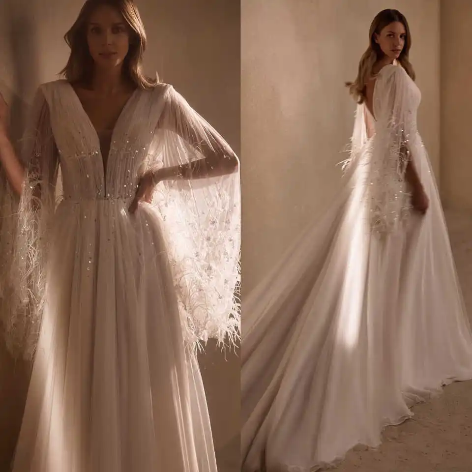 

Modern A Line Wedding Dresses V-Neck Sequins Lace Feathers Evening Party Gowns Vestido De Noiva Court Train Customized