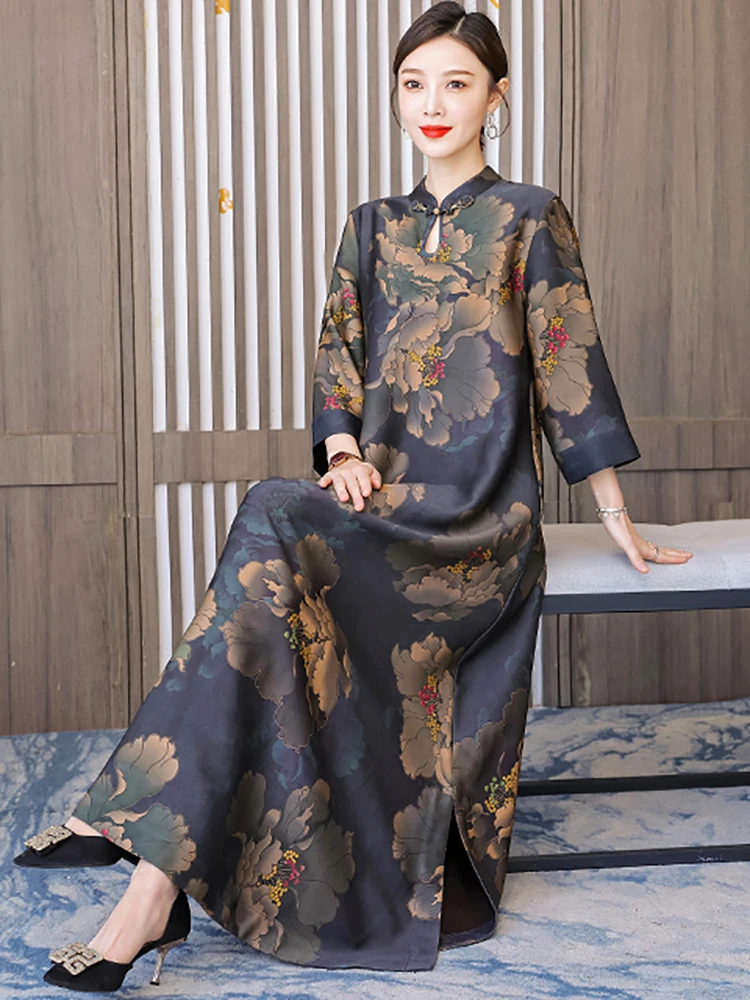 Autumn Winter Floral Silk Long Sleeve Maxi Dress Women Fashion Casaul Loose Waist Dress 2024 Korean Vintage Elegant Night Dress