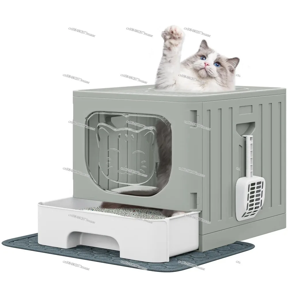 Large Enclosed Cat Litter Box with Cushion & Litter Scoop,Front Entry Top Exit Door,Cat Self-Grooming Deodorizer