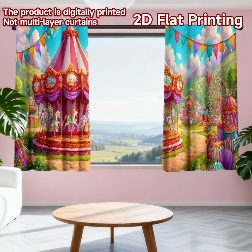 

2D flat printing 2pcs Curtains Carnival Carousel Scene Digital Printed Polyester Drapes All Season Party & Holiday Decor Use for